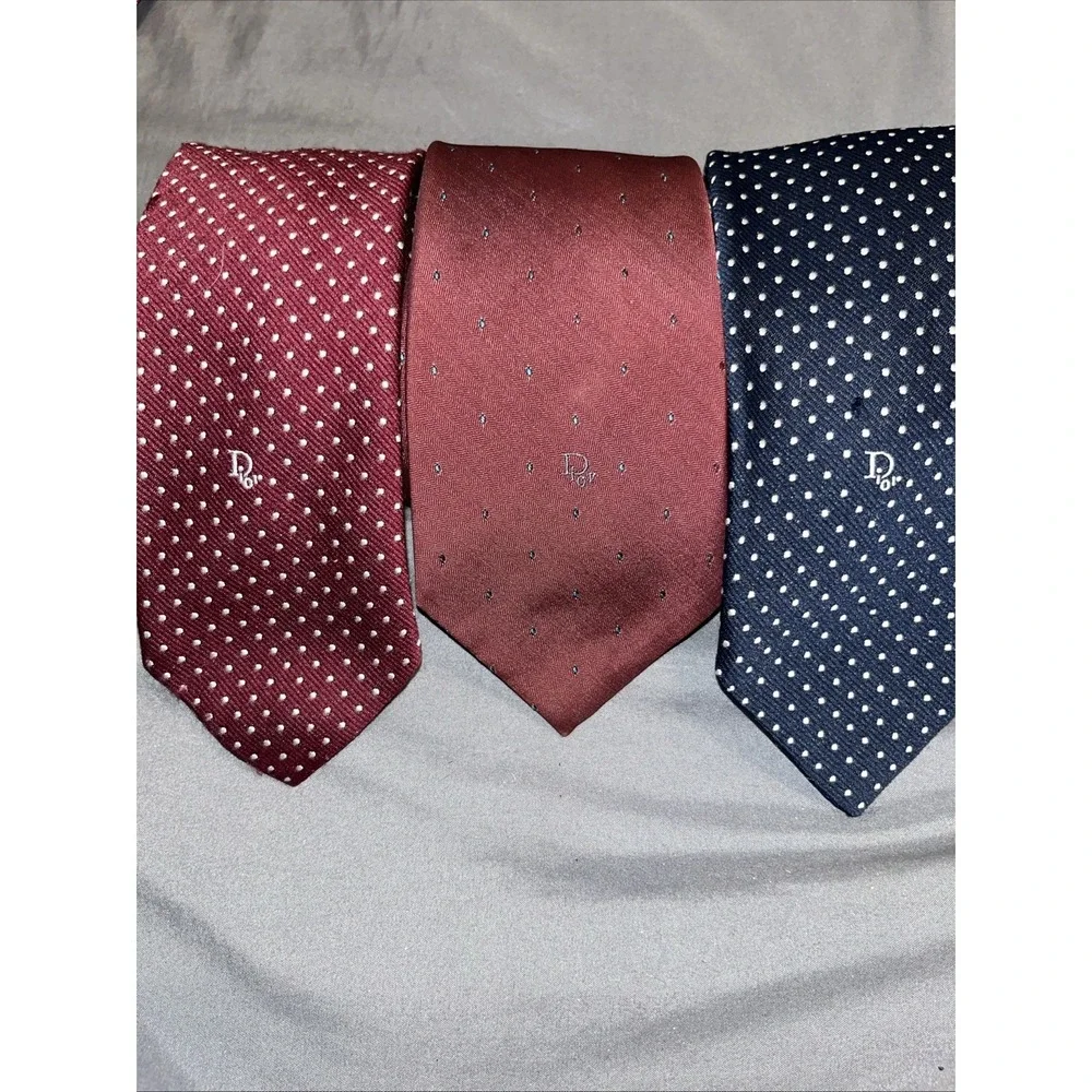 VTG Christian Dior Necktie Mens Navy Blue Burgundy Woven Silk Blend Ties Qty 3 - Picture 1 of 8